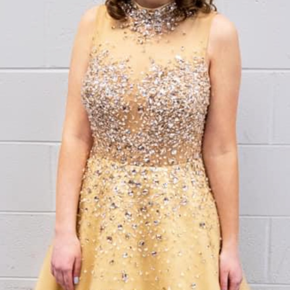 Terani Couture Gold Sparkly Prom Dress